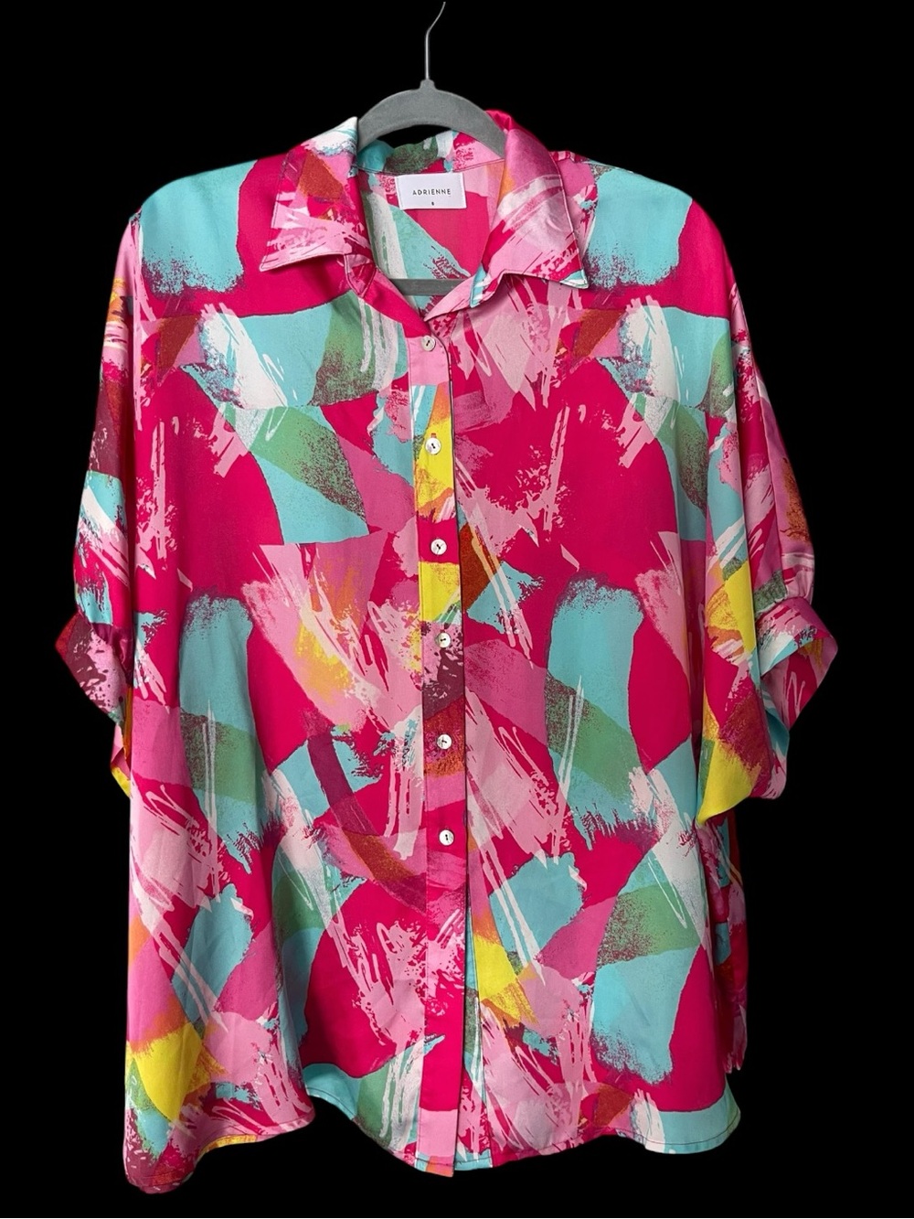 Adrienne Women’s Small Pink Abstract Print Oversized Button Down Blouse Top